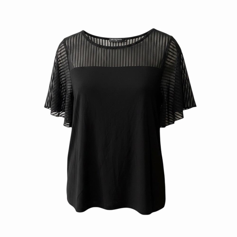 Cha Cha Vente Women's Black Top Short Flutter Sheer Mesh Neck & Sleeves Sz 1X